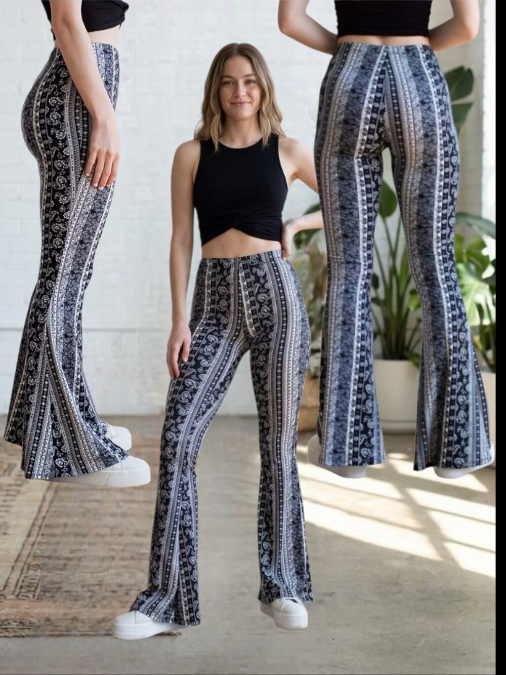 Women's Navy Allover Boho Print High Waisted Flare Leg Pants